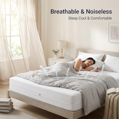 Image of 100% Waterproof Queen Size Zipper Mattress Encasement - Ultra Soft & Breathable Six-Sided Bed Cover, Dustproof Noiseless Fitted Design, 75x60 Inch (6x6 Feet), Fits Up to 6 Inch Mattress, White