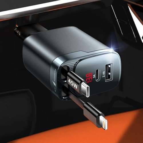 Retractable Car Charger 4 in 1, Car Charger USB C Fast Charge 84W Cigarette Lighter USB Charger, Travel Essentials Car Accessories Gifts for Men Women for iPhone 17 16 15 14 13 12 Pro Max, Samsung