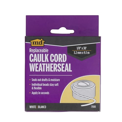 Image of M-D Building Products Replaceable Caulk Cord Weatherseal: Quick and Effective Solution for Sealing Small Gaps, Cracks, and Protecting Against Drafts and Moisture (71505) (White) (30 ft)