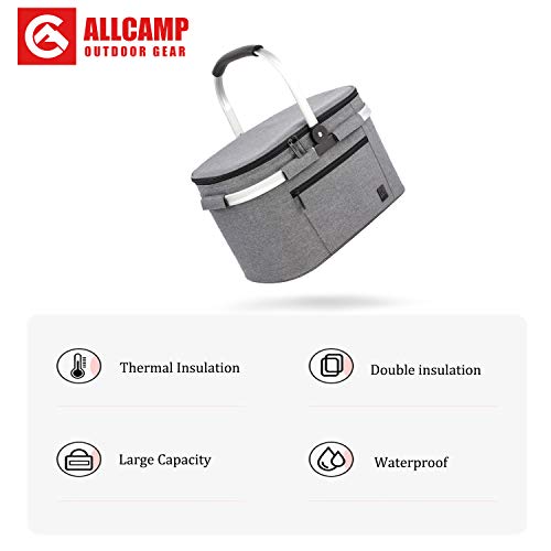 ALLCAMP Insulated Cooler Bag Portable Collapsible Picnic Basket Cooler with Sewn in Frame (Medium Gray) - Thumbnail 5