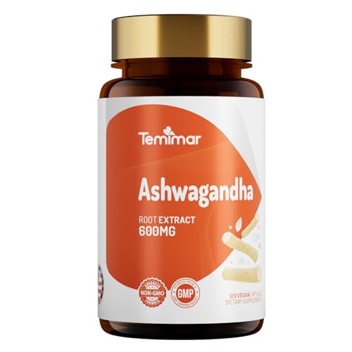 Temimar Ashwagandha Supplements Ashwagandha Root Extract 600mg for Women & Men Made in USA Gluten Free Vegan 120 Capsules