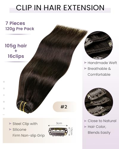 Image of LaaVoo Clip In Hair Extensions, Double Weft, For Thin Hair, 5Pcs 80g | 12 Inch Classic Dark Brown Hair Extension Clips, Remy Hair Material, Boost Fullness For Short Hairstyles