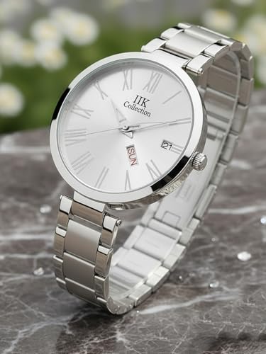IIK COLLECTION Stainless Steel Analogue Watches For Women Round Studded Dial,Day And Date Quartz Movemnet,Long Battery Life, Bracelet Chain Strap,Double Lock Clasp Safety Watches For Ladies, Girls (Silver)