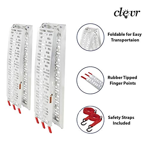 Clevr 7.5\' Folding Arched Aluminum Loading Truck Ramps (2 pc Set) for ATVs, UTVs, Motorcycles, Dirt Bikes, 4 Wheelers, Lawnmowers, 90\" Long, 1,500 lbs Capacity