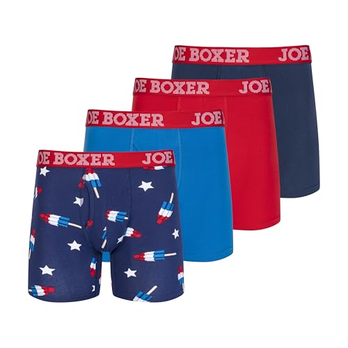 JOE BOXER Mens Cotton Boxer Briefs 4-Pack, Comfy and Breathable Spandex-Cotton Underwear for Men (Blueprint, X-Large)