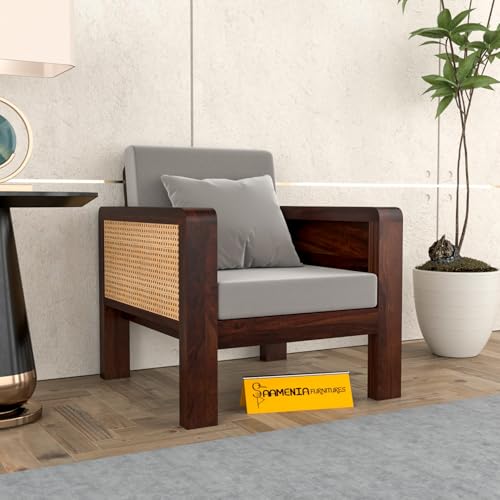 Image of Sheesham Wooden 1 Seater Sofa for Living Room | Solid Wood Sofa with Cane Side Panel | Rosewood Sofa Set for Home & Office | Lounge (Walnut Finish, 1 Seater)