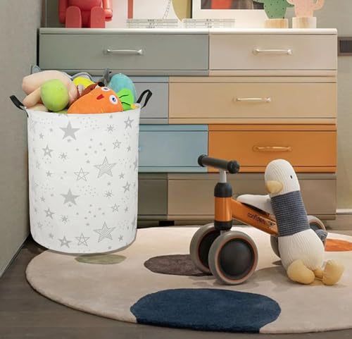 Image of Collapsible Kids Laundry Basket Clothes Hamper, Foldable Storage Organizer Bin, Toy Clothes Storage with Handles for Boys Girls Bedroom, Room Decor Grey Star