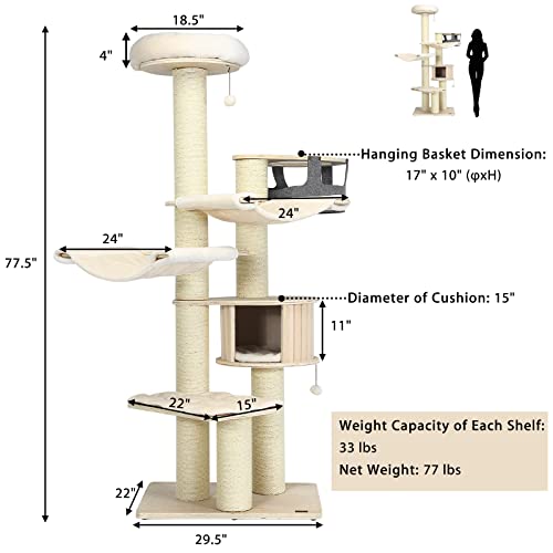 Image of Tangkula Large Cat Tree, Multi-Level Tall Cat Tower with Sisal Scratching Posts, Hammocks, Hanging Basket, Cat Condo and Removable Washable Cushions, Modern Wood Cat Tree for Indoor Cats Large Adult