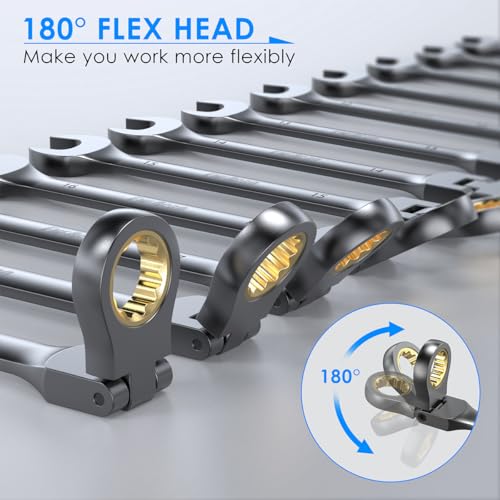 ENEACRO Scharnierratelsleutelset, 14-delig, 6-19mm, Flex-kop Anti-slip ringsteeksleutel, vorksleutel-ringsteeksleutelset, 72-tands, Cr-V, Vernikkeld, met roltasje - Afbeelding 4