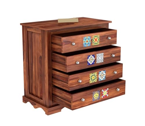 Image of Solid Sheesham Wooden Sideboard Cabinet with 4 Drawer - Chest of Drawers Wooden Drawer Storage Cabinet for Bedroom Living Room Storage Furniture (Scott)