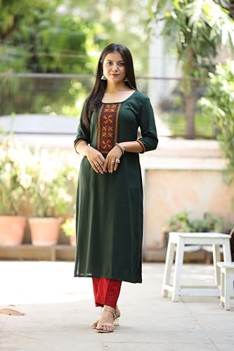 Image of Women's Rayon Straight One Piece Kurti with Ethnic Thread Embroidery | Round Neck 3 /4 Sleeve Calf Length Kurta for Office Bottle Green & Navy Blue | (M-XXL)