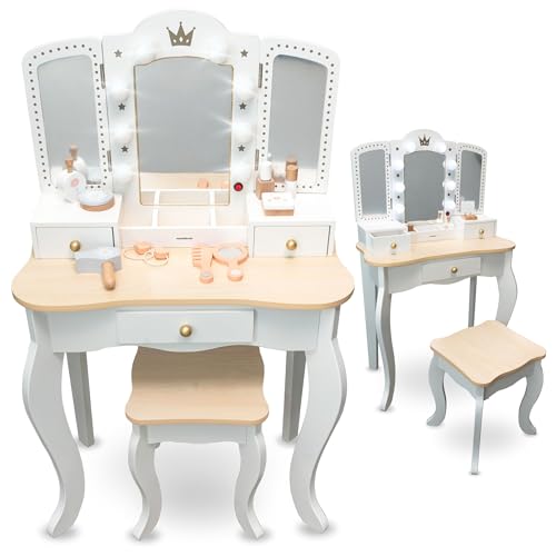 mamabrum Coiffeuse Enfant XXL en Bois avec Tabouret & Miroir LED – Table de Maquillage Fille dès 3 Ans avec Tiroir & Accessoires – Bureau 2-en-1 pour Jeu Créatif