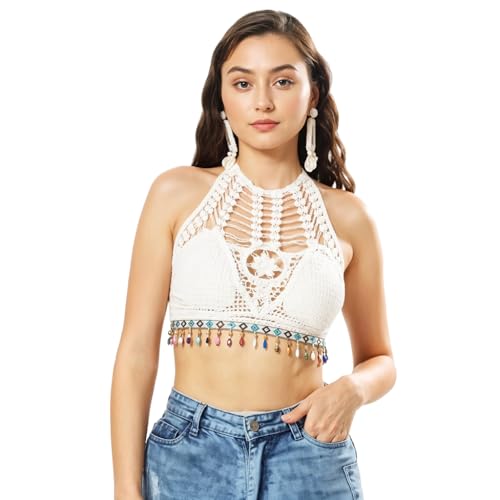 Image of PALAY Women's Summer Beach Backless Crochet Halter Bikini Crop Top Crochet Hollow Out Tassle Embroidery Knit Boho Beachwear