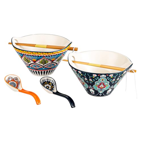 HENXFEN LEAD Juego de cuencos japoneses para ramen, porcelana, 2 piezas de 780 ml, cuencos de sopa coloridos con palillos y cuchara, estilo bohemio