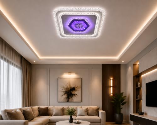 Image of FILLISKA Aluminium Luxurious 3 in 1 Led Ceiling /Wall Chandelier Light with 3 Step Colour Changing Function (Acrylic White Square-638-2SQ)