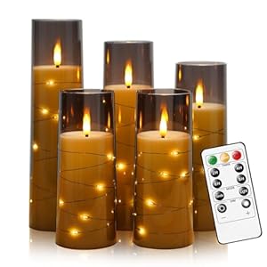 Flameless LED Candles with Timer 5 Pc Flickering Flameless Candles for Romantic Ambiance and Home Decoration Stable Acrylic Shell,with Embedded Star String，Battery Operated Candles（Grey）