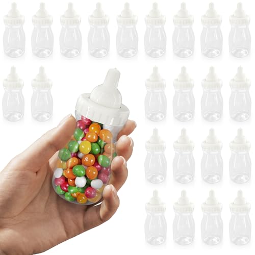 24 Pcs Small Bottles for Mom to Be Party – Clear Fillable Milk-Shaped Containers for Candy, Figurines, Coins, Trinkets – Durable Plastic Decorations for Party Themes, Events, Favors and Fun Activities