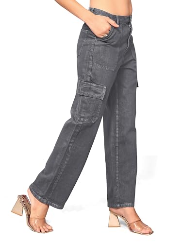Image of ELLITI Women's 6 Pocket Regular Fit High Rise Relaxed /Boyfriend Fit, Wide Leg, Bell Bottom, Pure Denim Ankle Length Jeans Pants