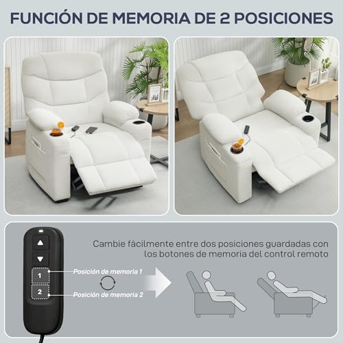 HOMCOM Sillón Relax Reclinable Eléctrico, Sillón Reclinable Silencioso con Función Memoria, Reposapiés, Mando a Distancia, Bolsillos Laterales, Portavasos y Puerto USB, para Dormitorio, Salón, Crema - imagen 8