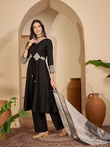 Image of EthnicJunction Women's Cotton Silk Embroidered Anarkali Kurta Palazzo with Digital Print Dupatta Set