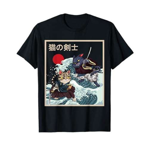 Vintage Japón Samurai Neko Asia Kanagawa Cat Camiseta