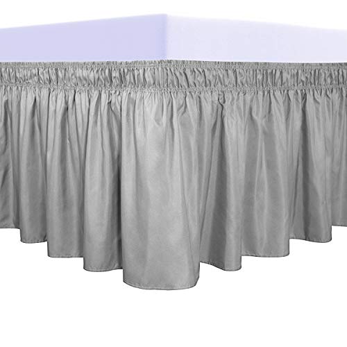 PureFit Wrap Around Ruffled Bed Skirt with Adjustable Elastic Belt - 14 Inch Drop Easy to Put On, Wrinkle Free Bedskirt Dust Ruffles, Bed Frame Cover for Queen, King and C-King Size Beds, Light Gray