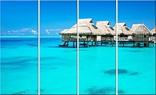 Bora Bora Water Bungalow 4 Panel Canvas Wall Art. French Polynesia Photography Print.