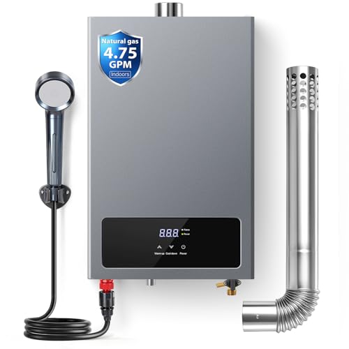 SNDOAS Tankless Water Heater Gas,Up to 4.75GPM 18L Water Heater Natural Gas with LED Display,102,000 BTU Instant Hot Water Heater On Demand for Whole House,Ultra Quiet,Forced Exhaust,Indoor Use