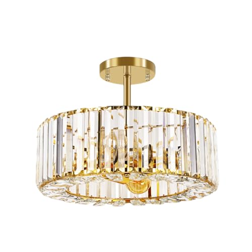 Bammare Goldener Runder Kristall-Kronleuchter, 4-Flammige Halb Eingelassene Deckenleuchte Mit Metallrahmen Und Kristallschirm, 3-Farbig Einstellbare LED-Leuchte Für Das Essen Im Wohnkorridor