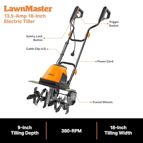 LawnMaster TE1318W1 Corded Electric Tiller 13.5-Amp 18-Inch Orange