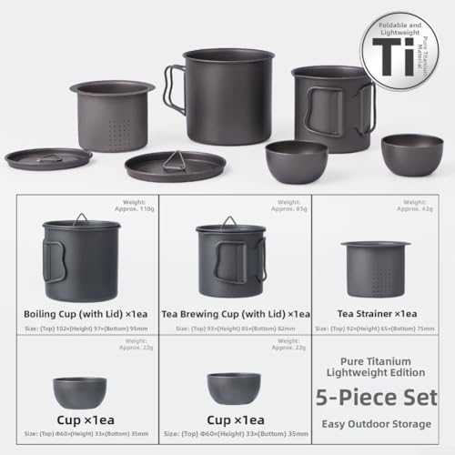 Juego de té de titanio con mango plegable: set de 5 piezas de acabado natural 6
