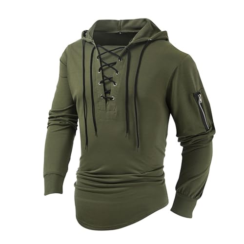 Men Muscle Hoodie Vintage Medieval Gothic Steampunk Lace Up Hooded Viking Henley Shirt Casual Long Sleeve Pullover Shirts