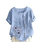 Cotton Linen Tops for Women Trendy Floral Print Tshirt Roll Up Short Sleeve Shirts Loose Casual Crewneck Pullover Lightweight Summer Tees 2025 Fashion Ladies Blouse Aesthetic Cute Holiday Top