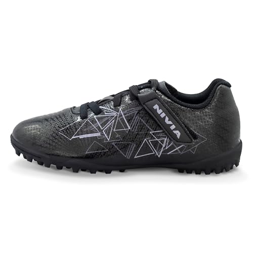 Image of NIVIA Carbonite 7.0 Kids Football Turf Shoe, Synthetic Leather Upper, PU Rubber Turf Outsole, Lightweight Insole & Durable Design for Young Football Champions (Black, UK12)