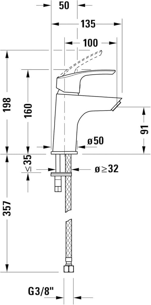 Technical drawing of Duravit DuraVelez faucet with dimensions