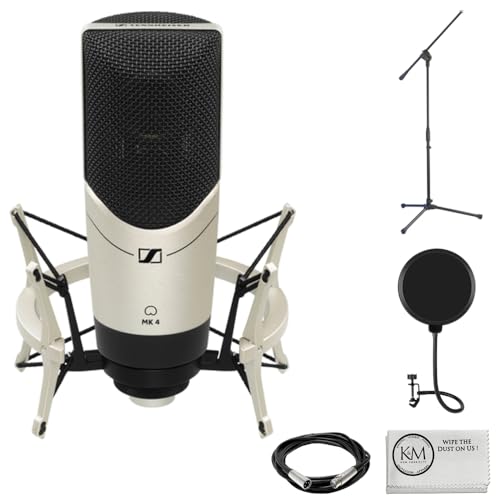 Sennheiser MK 4 Set Large-Diaphragm Cardioid Condenser Microphone with MKS4 Shockmount Bundle with Stand + XLR Cable + Pop Filter + Cleaning Cloth (6 Items)