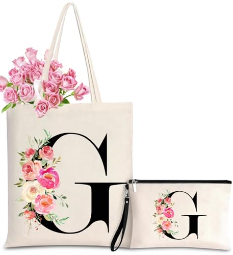 Initial Canvas Tote Bag for Women, Personalized Monogrammed Tote Btags with Makeup Gift Bag for Wedding Bridesmaids Bride Birthday Mother's Day