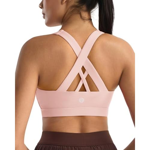RUNNING GIRL Sports Bra for Women, Criss-Cross Back Padded Strappy Sports Bras Medium Support Yoga Bra with Removable Cups X-Small A-pink