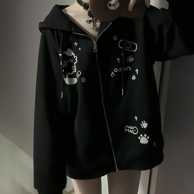 Women's Y2K Zip-Up Hoodie Oversized Streetwear Cat Ear Cute Cartoon Graphic Harajuku Kawaii Sweatshirt - Image 3