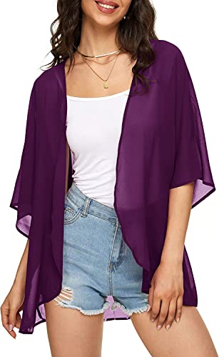 Image of Indian Trendy Women's Solid Puff Sleeve Kimono Cardigan Loose Cover Up Casual Blouse Top Chiffon