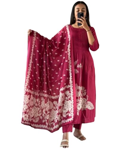 Image of GoSriKi Women's Viscose Anarkali Kurta Set with Dupatta | Anarkali Suit for Women Cotton | Kurta Palazzo Dupatta Set | 3 Piece Ethnic Wear for Festival & Party | Anarkali Suit for Women