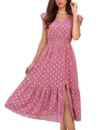 Image of GRACE KARIN 2026 Womens Summer Dresses V Neck Ruffle Sleeve Floral Boho Beach Dress A-Line Swing Midi Wedding Guest Sundress