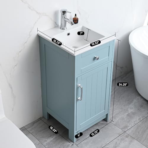 ALBAD 16-Inch Modern Bathroom Vanity with Sink, Small Bathroom Vanity Set with Storage, Freestanding Compact Space Bathroom Cabinet, Single Sink Cabinet with Adjustable Shelf (Coastal Blue)