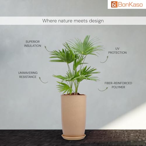 Image of BonKaso 18 inch Beige Flower Pot - Tall, Durable & Lightweight Polymer Tower Planter for Indoor & Outdoor Use: Home, Office, Garden & Balcony (Gamla /Gamale)