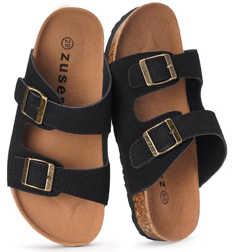 Image of ZUSERIS Kids Toddler Sandals Boys Girls Summer Slides | Soft Cork Footbed, Non-slip,Adjustable Straps,Comfort Suede Leather,Lightweight