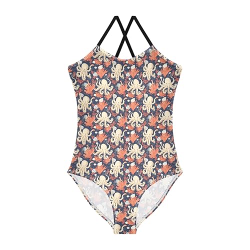 senya Girls Swimsuits One-Piece Swimwear Tie Bathing Suit Beach Summer Round Neck 7-8T Octopus Coral Shell Pattern