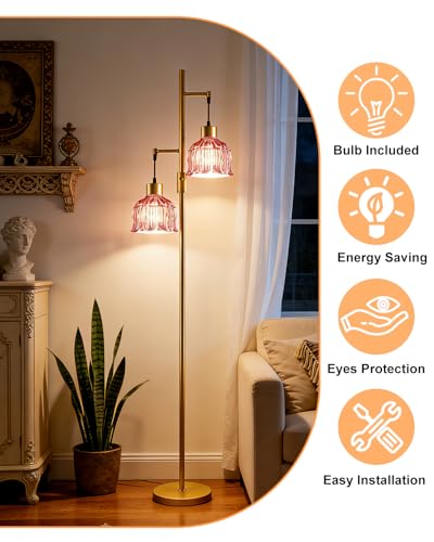 Image of 2-Light Modern Glass Floor Lamp, Gold Tall Standing Lamp with Deep Red Flower Glass Shade for Reading, Dimmable LED Floor Lamp with 5Lbs Heavy Base for Living Room Bedroom Home Decor, Bulb Included