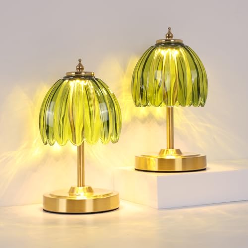 Image of Shenmoyl Set of 2 Tulip Table Lamp with 5200mAh Battery & Touch Control, Cordless Small Table Lamp with 3 Colors, Rechargeable Battery Operated Table Lamps for Nightstand, Bedroom (Green Tulip)