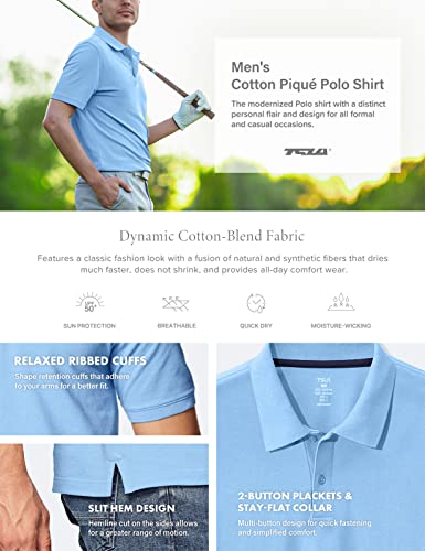 Tsla Men's Cotton Pique Polo Shirts, Classic Fit Short Sleeve Solid Casual Shirts, Performance Stretch Golf Shirt, Cotton Blend Polo Light Blue, Medium #TOP6