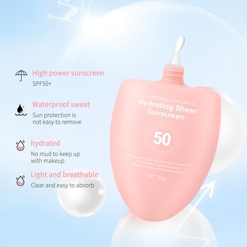 Image of Sunscreen SPF 50+ 50g, Hydrating Sheer Face Sunscreen, Waterproof & Lightweight Water Gel, Non-Greasy, No White Cast, for Sensitive Skin Daily Use